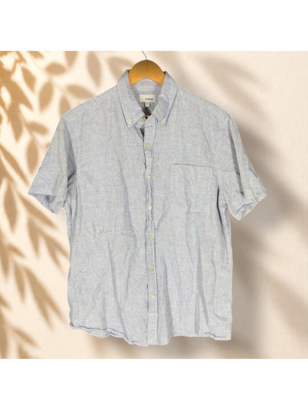 Sonoma Shirt Men L Large Gray Button Up Collared Short Sleeve Linen Pockets